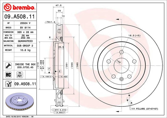 BREMBO 09A50811C02 Brembo 09.A508.11 UV Coated Pillar Vented Rear Brake Rotor CADILLAC/CHEVROLET OE# 25851166