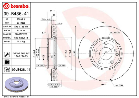 BREMBO 09.B436.41 Brembo 09.B436.41 UV Coated vented Front Brake Rotor MERCEDES-BENZ/MERCEDES-BENZ (BBDC) OE# A2464212412