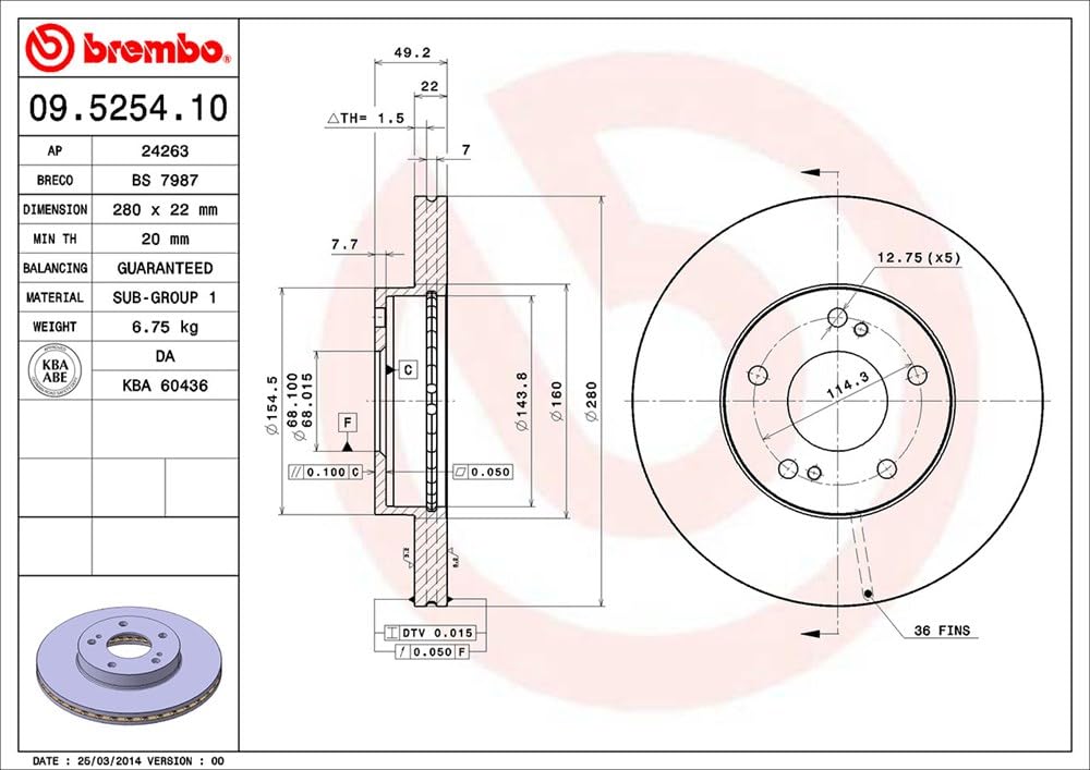 BREMBO 09525410C02 Brembo 09.5254.10 Standard vented Front Brake Rotor INFINITI/NISSAN OE# 4020688E05