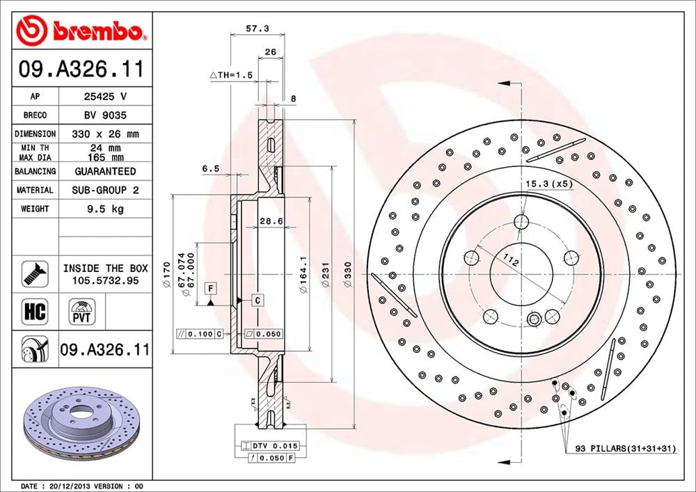 BREMBO 09A32611C02 Brembo 09.A326.11 UV Coated Pillar Vented drilled + Slotted Rear Brake Rotor MERCEDES-BENZ OE# A2044230412