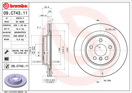 BREMBO 09C74311C02 Brembo 09.C743.11 UV Coated vented Brake Rotor BMW/BMW (BRILLIANCE)/MINI/ZINORO OE# 34216799369