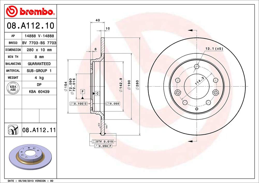 BREMBO 08A11211C02 Brembo 08.A112.11 UV Coated solid Rear Brake Rotor BESTURN (FAW)/MAZDA/MAZDA (FAW) OE# G25Y26251