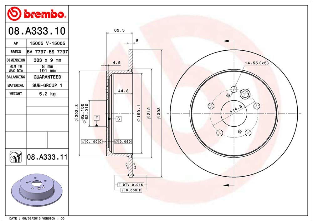 BREMBO 08A33311C02 Brembo 08.A333.11 UV Coated solid Rear Brake Rotor CHERY/TOYOTA OE# 4243142041