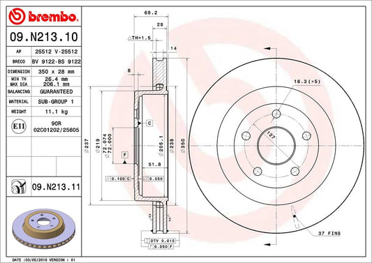 BREMBO 09N21311C02 Brembo 09.N213.11 UV Coated vented Rear Brake Rotor CHRYSLER/DODGE/JEEP OE# 5290731AA