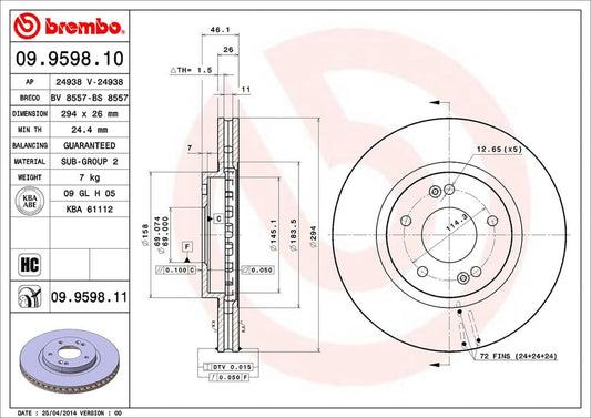 BREMBO 09.9598.11 Brembo 09.9598.11 UV Coated vented Front Brake Rotor HAWTAI/HYUNDAI OE# 5171226100
