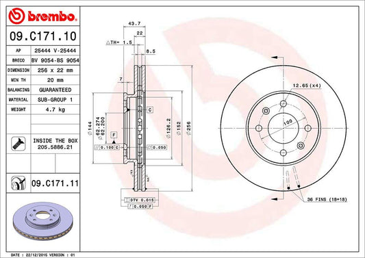 BREMBO 09C17111C02 Brembo 09.C171.11 UV Coated vented Front Brake Rotor HYUNDAI/HYUNDAI (BEIJING)/KIA/KIA (DYK) OE# 517120U000
