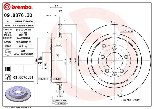 BREMBO 09887631C02 Brembo 09.8876.31 UV Coated vented Rear Brake Rotor LAND ROVER OE# SDB000646