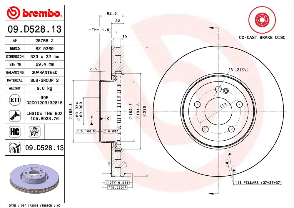 BREMBO 09D52813C02 Brembo 09.D528.13 Co-cast two piece UV Coated Pillar Vented Brake Rotor MERCEDES-BENZ/MERCEDES-BENZ (BBDC) OE# A0004212712