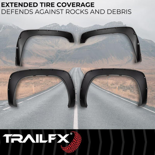 TRAILFX TFC3000S Trail FX Fender Flare TFC3000S Pocket Style Black Smooth Finish 2 Inch Front and 2 Inch Rear Tire Coverage Polypropylene Fits 1999-2006 Chevrolet/GMC Silverado/Sierra 1500/2500/3500