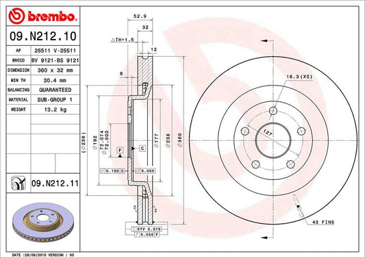 BREMBO 09.N212.11 Brembo 09.N212.11 UV Coated vented Front Brake Rotor JEEP OE# 5290733AA