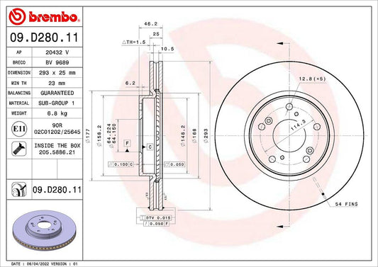 BREMBO 09D28011C02 Brembo 09.D280.11 UV Coated vented Front Brake Rotor Honda OE# 45251T2FA51
