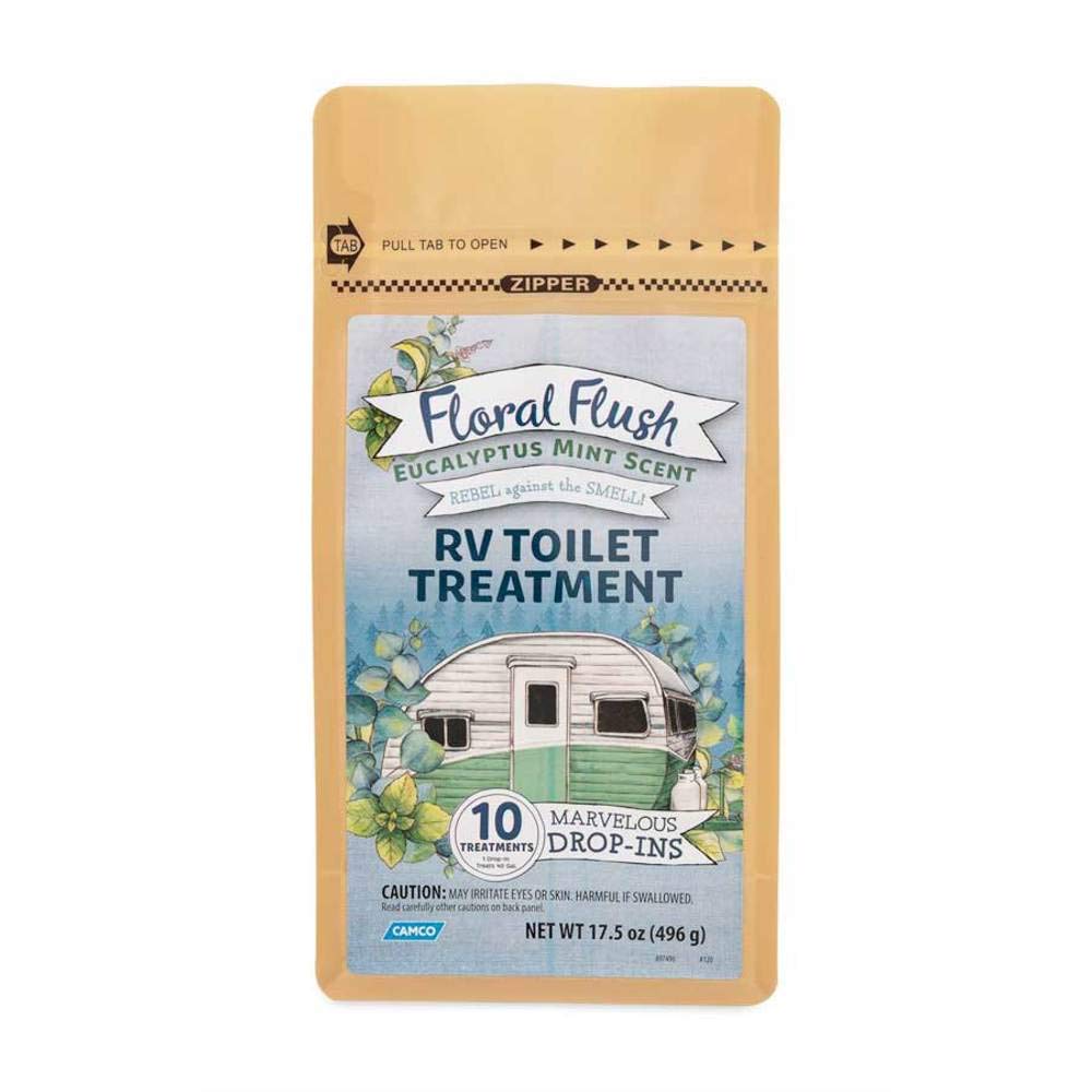 CAMCO 41492 Camco 41492 Floral Flush RV Toilet Treatment Drop-Ins, Eucalyptus Mint Scent - Eliminates Odors and Breaks Down Waste - One Drop-in Treats Up to a 40-Gallon Tank - (10) Drop-Ins Per Bag