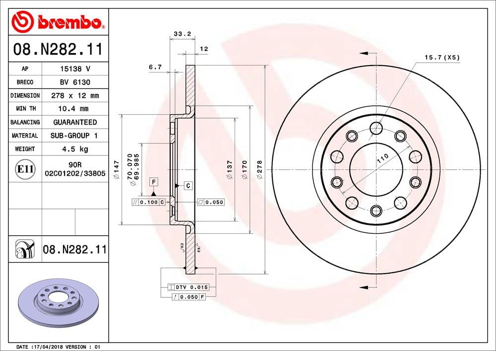 BREMBO 08N28211C02 Brembo 08.N282.11 UV Coated solid Brake Rotor CHRYSLER/JEEP/JEEP (GAC FCA) OE# 4779885AB