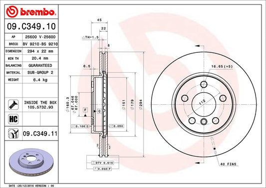 BREMBO 09C34911C02 Brembo 09.C349.11 UV Coated vented Brake Rotor BMW/BMW (BRILLIANCE)/MINI OE# 34116866297