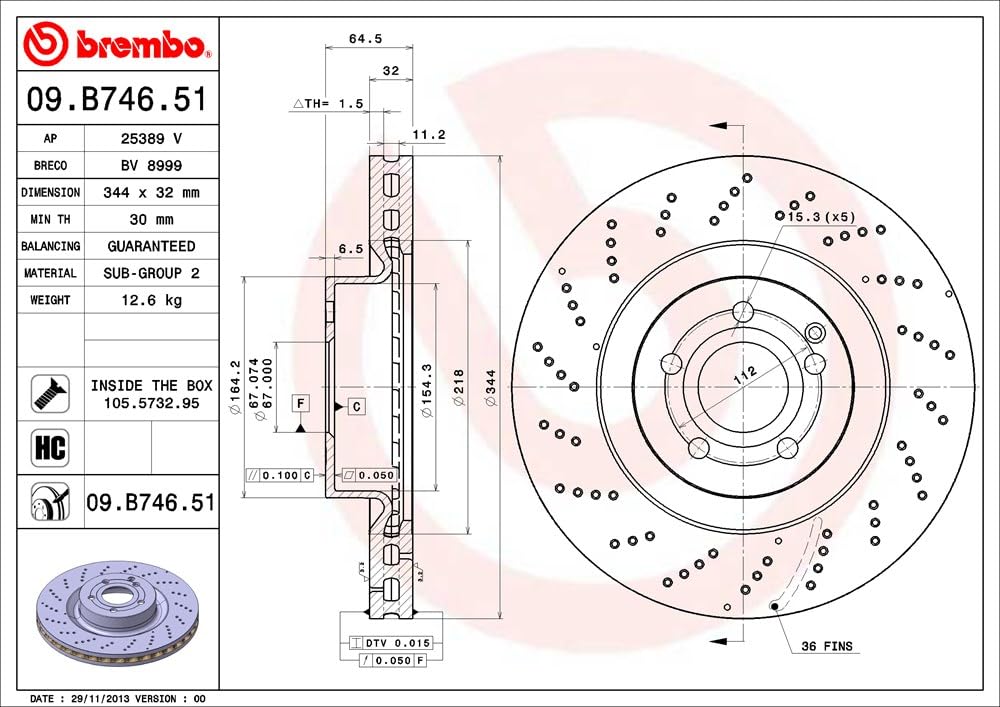 BREMBO 09B74651C02 Brembo 09.B746.51 UV Coated vented drilled Front Brake Rotor MERCEDES-BENZ/MERCEDES-BENZ (BBDC) OE# A0004211512