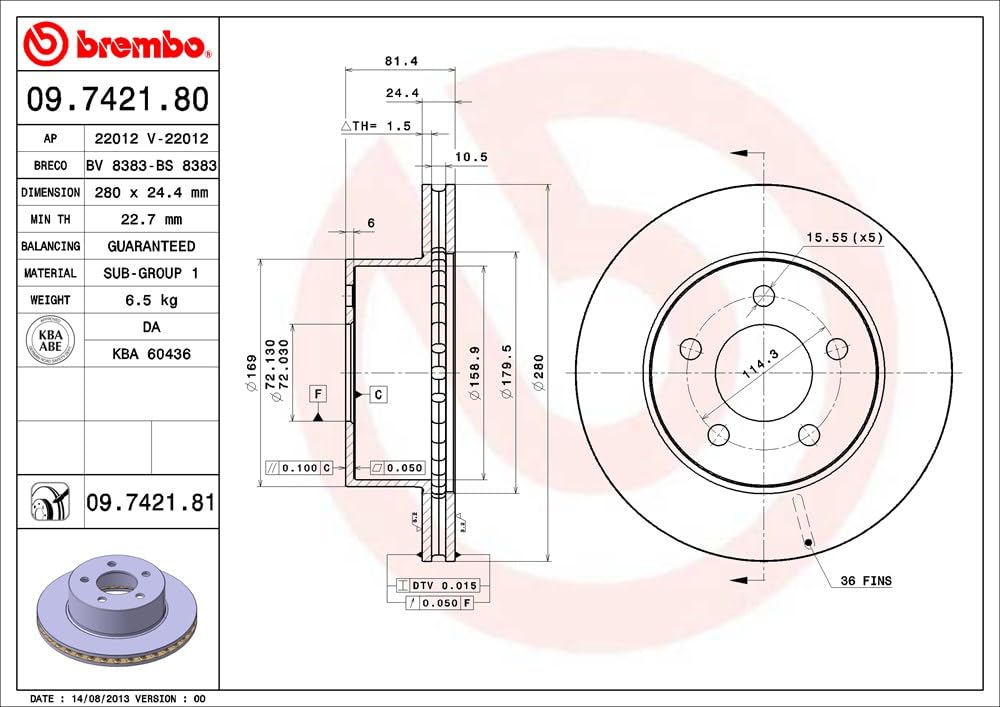 BREMBO 09742181C02 Brembo 09.7421.81 UV Coated vented Front Brake Rotor JEEP/JEEP (BJC) OE# 52008440