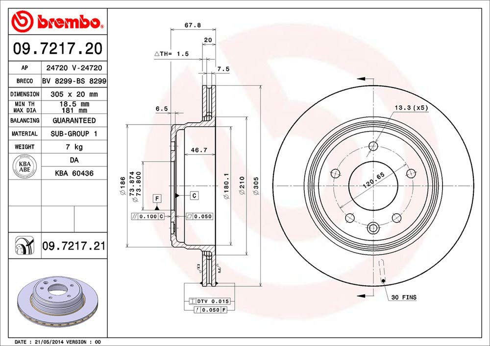 BREMBO 09721721C02 Brembo 09.7217.21 UV Coated vented Rear Brake Rotor DAIMLER/JAGUAR OE# C2C41251