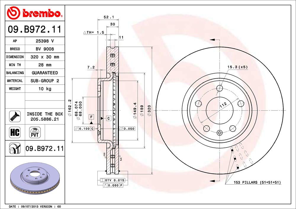 BREMBO 09B97211C02 Brembo 09.B972.11 UV Coated Pillar Vented Front Brake Rotor AUDI/AUDI (FAW)/VW (SVW) OE# 8R0615301