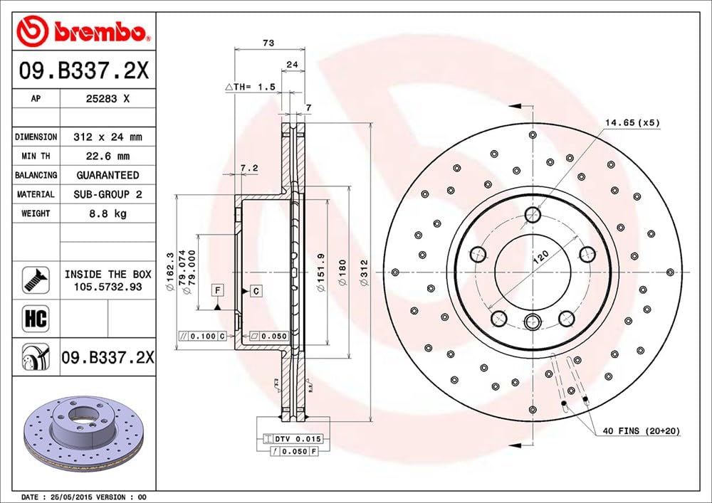 BREMBO 09B3372XC02 Brembo 09.B337.2X Xtra UV Coated vented drilled Front Brake Rotor BMW/BMW (BRILLIANCE) OE# 34116855006