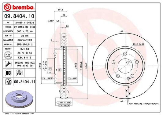 Brembo 09.8404.11 UV Coated Pillar Vented Front Brake Rotor