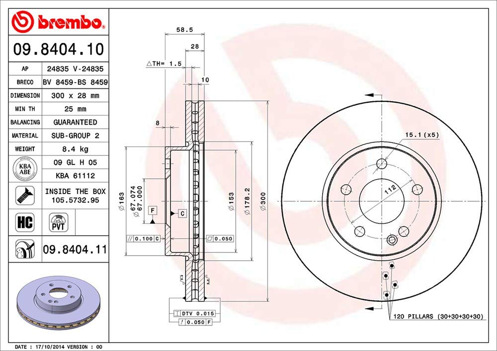 Brembo 09.8404.11 UV Coated Pillar Vented Front Brake Rotor
