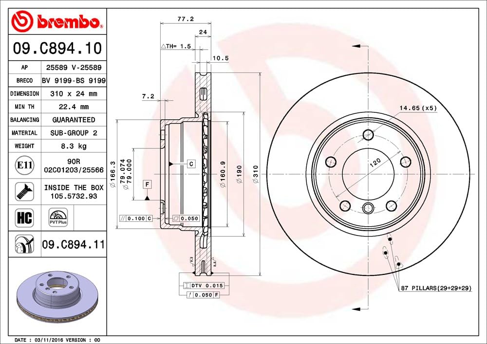 BREMBO 09C89411C02 Brembo 09.C894.11 UV Coated Pillar Vented Front Brake Rotor BMW/BMW (BRILLIANCE) OE# 34116764021