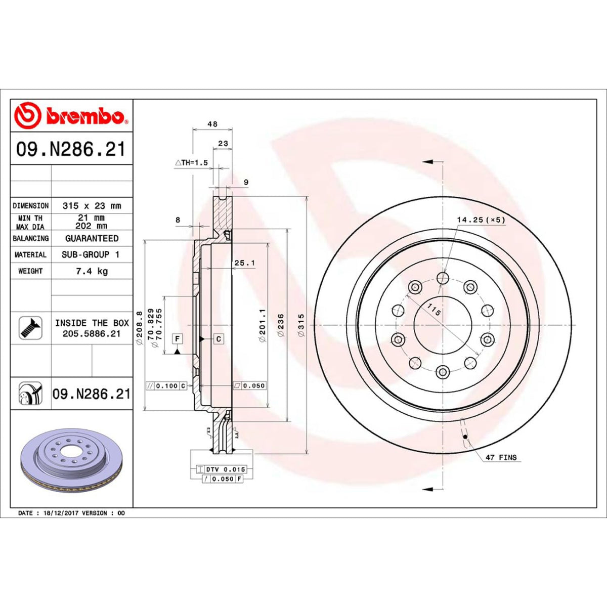 Brembo 09.N286.21 UV Coated vented Rear Brake Rotor CADILLAC
