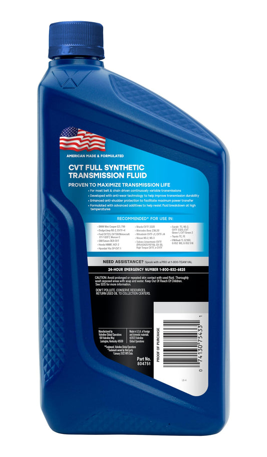 VALVOLINE 8047511 Valvoline CVT Full Synthetic Continuously Variable Transmission Fluid 1 Quart