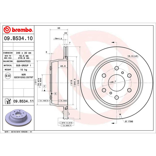BREMBO 09B53411C02 Brembo 09.B534.11 UV Coated vented Rear Brake Rotor CADILLAC/CHEVROLET OE# 23195438