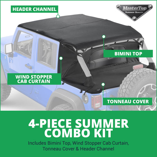 MASTERTOP 14810424 MasterTop 3-Piece Ultimate Summer Soft Top Combo - Bimini Soft Top, Wind Stopper Cab Curtain, and Tonneau Deck Cargo Cover - Fits Jeep Wrangler JK JKU Unlimited 4-Door 2007-2009 - Black MasterTwill