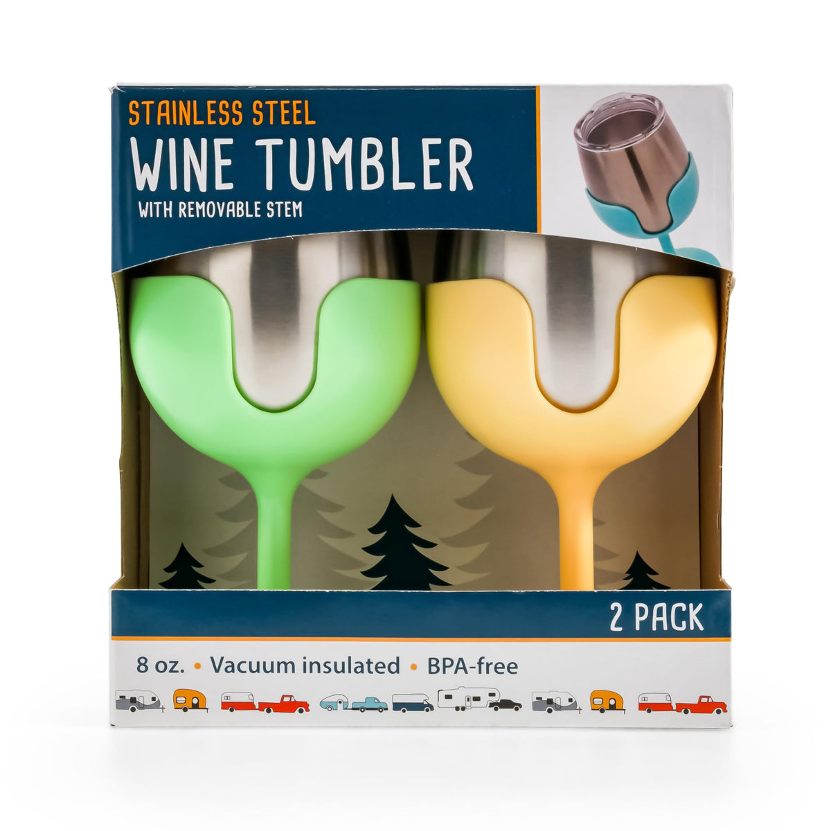 CAMCO 51916 Stainless Steel Wine Tumbler Set with Removable Sunshine Yellow and Lime Green Wine Glass Stems- Leak Proof Lid, Vacuum Insulated, BPA Free 8 oz - (51916)