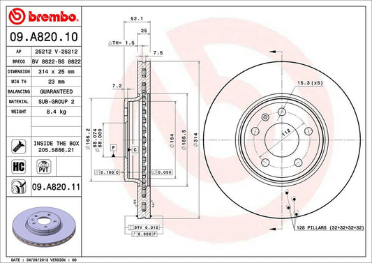 BREMBO 09A82011C02 Brembo 09.A820.11 UV Coated Pillar Vented Front Brake Rotor AUDI/AUDI (FAW) OE# 8K0615301
