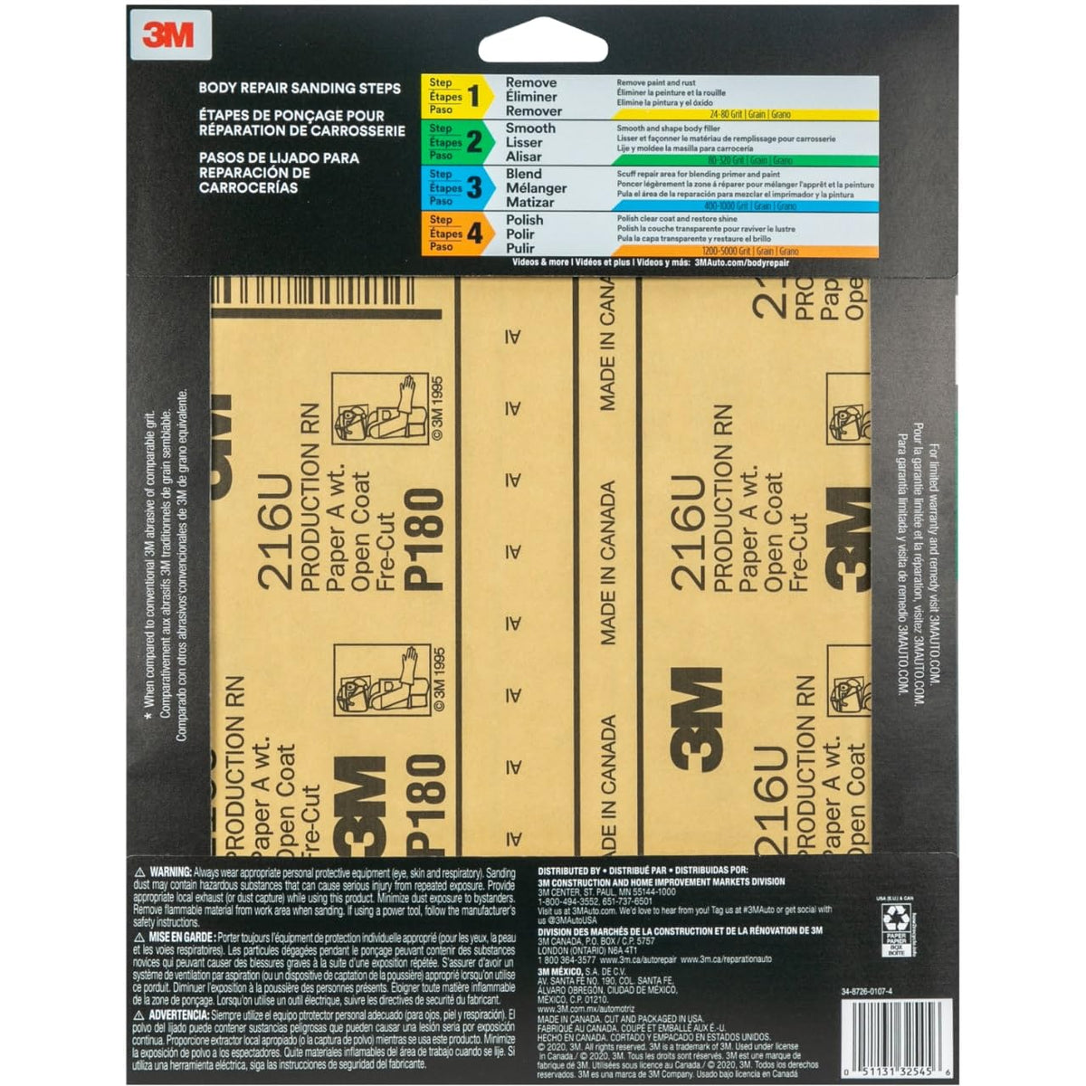 3M 32545 3M Sandpaper, 180 Grit, 5 Sheets, 9 in x 11 in, Longer Lasting Super Strong Abrasive, Great For Smoothing Body Filler, Shaping Glaze & Spot Putty, For Hand Or Machine Sanding (32545)