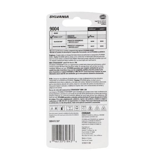 SYLVANIA 9004XV.BP SYLVANIA 9004 XtraVision Halogen Headlight Bulb, High or Low Beam, 1 Bulb