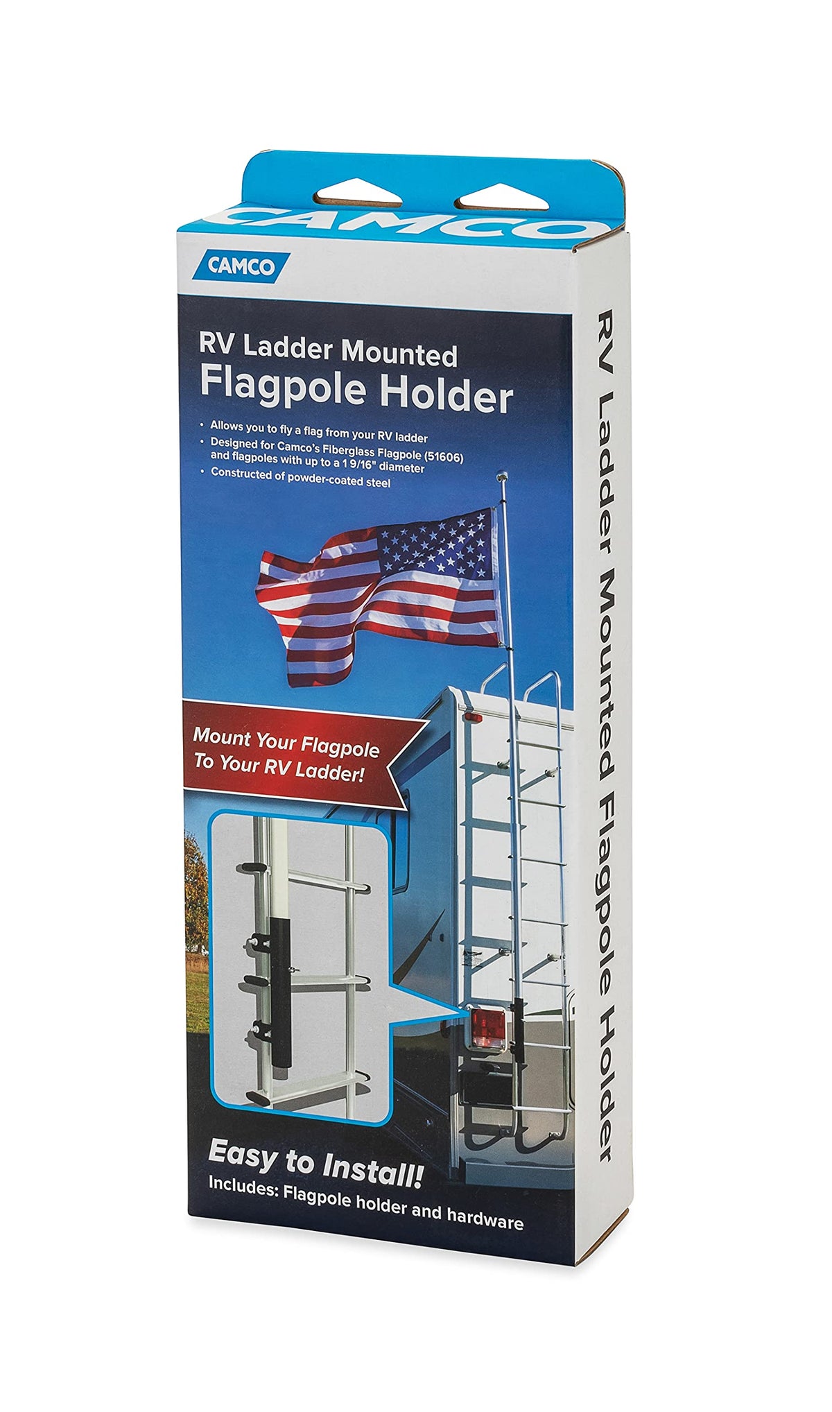 CAMCO 51612 Camco RV Ladder Mounted Flagpole Holder, Powder-Coated Steel Bracket, Fits Most RV Ladder Rails, Holds Flagpoles Up to 1-9/16 Inch Diameter, Black