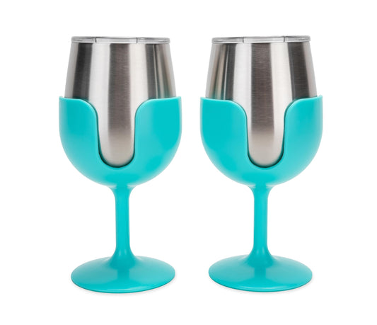 CAMCO 53484 Camco Life is Better at The Campsite Stainless Steel Wine Tumbler 2-Pack - Features Heavy Duty Double Wall Vacuum Insulation & Removable Navy, Red, Green & Yellow Stems - Holds 8-oz Each - Blue(53484)