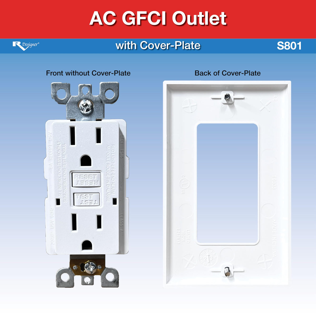 RV DESIGNER S801 RV Designer S801 - White Dual GFCI AC Outlet with Cover Plate