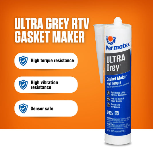PERMATEX 82195 Permatex 82195 Ultra Grey Rigid High-Torque RTV Silicone Gasket Maker, Sensor Safe and Non-Corrosive, for High Torque and Vibration Resistant Applications, 13 oz