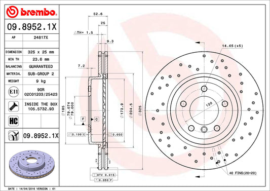 BREMBO 0989521XC02 Brembo 09.8952.1X Xtra UV Coated vented drilled Front Brake Rotor BMW OE# 34116855156