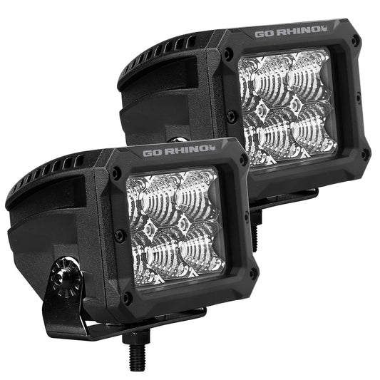 GO RHINO 753003023FBS Go Rhino Xplor Lighting: Bright Series 4x3 Rectangle Flood Light Kit (Pair) | Surface Mount (Threaded Stud Mount) Aluminum, Black | 753003023FBS