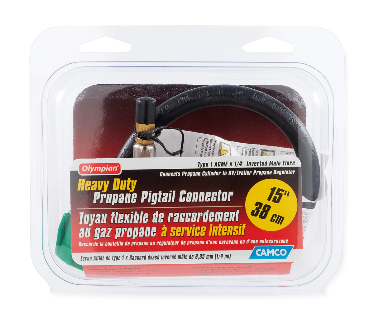 CAMCO 59065 Camco RV 15-Inch Pigtail Propane Hose Connector – Fittings Include an ACME Nut by 1/4" Inverted Male Flare - Features Thermal Protection & Excess Flow Protection - Rated for 200,000 BTUs/Hour (59065)