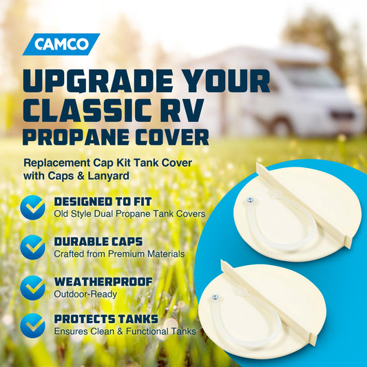 CAMCO 40533 Camco Lid Replacement Cap Kit Tank Cover with 2 Caps Included and Lanyards for Outdoor Spaces, Patio, Garden, and Lawn Use, Beige