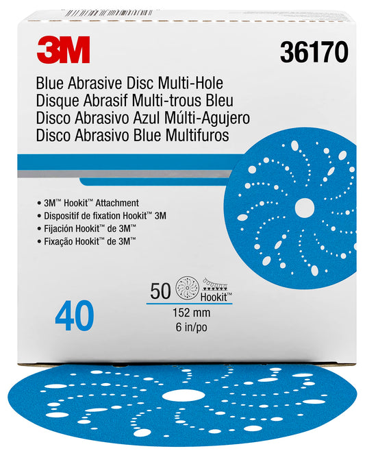 3M 36170 3M Hookit Blue Abrasive Disc, 321U, 36170, 6 in, 40+ Grade, Multi-Hole