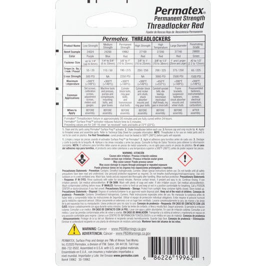 PERMATEX 19962 Permatex 19962 Permanent Strength Threadlocker Red, 6 ml