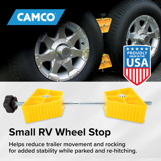 CAMCO 44652 Camco Small RV Wheel Stop - Features a Lightweight Heavy-Duty Design with a Rubber Handle, Prevents Shifting of Trailer Tandem Tires While Parked or Re-Hitching, and Fits 26” to 30” Tires (44652)