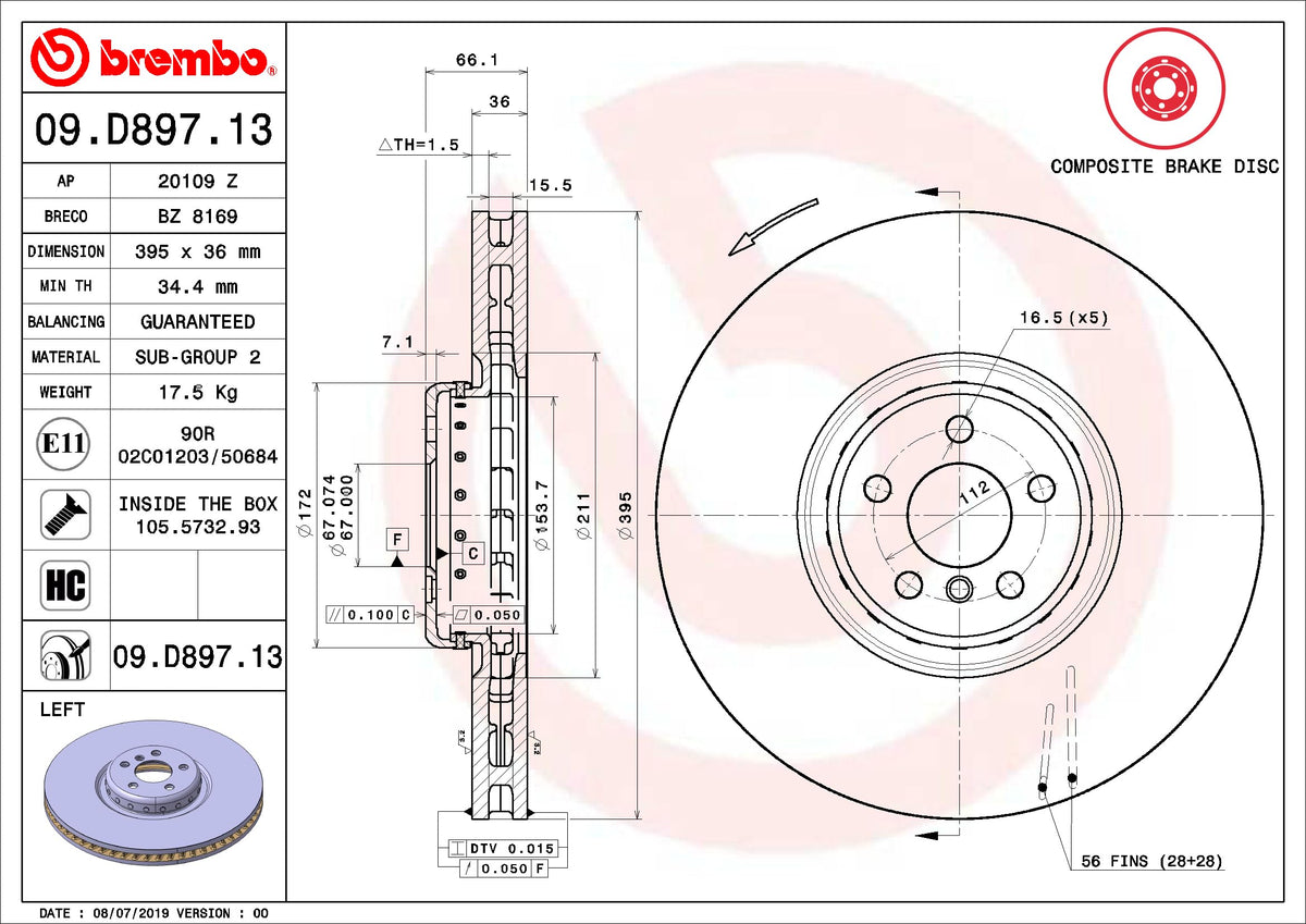 BREMBO 09D89713C02 Brembo 09.D897.13 Composite two piece UV Coated vented Brake Rotor BMW/ROLLS-ROYCE OE# 34116860919