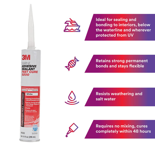 3M 06520 3M Marine Adhesive Sealant 5200FC Fast Cure, White, 10 fl oz Cartridge