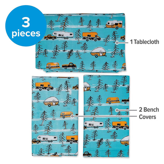 CAMCO 53380 Camco Life is Better at The Campsite Picnic Table Cover with Bench Covers - Provides a Clean Eating Surface for Outdoor Activities - Features an RV and Tree Sketch Design (53380)