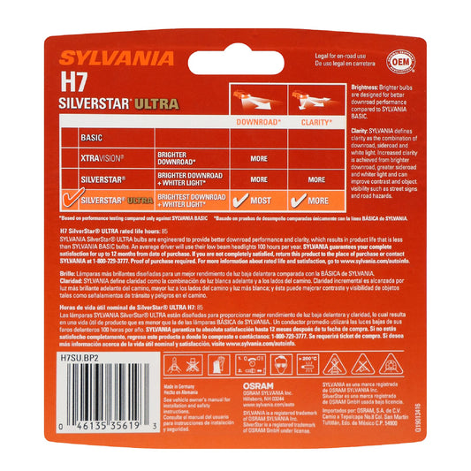 SYLVANIA 35624 SYLVANIA H7 SilverStar Ultra Halogen Headlight Replacement Bulb, 2 Bulbs