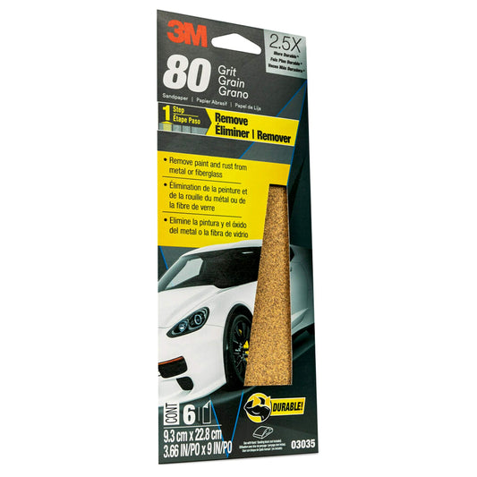 3M 03035 3M Sandpaper, 03035, 80 Grit, 3 2/3 in x 9 in, 6 Sheets